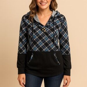 Vaolia Women's Plaid Black and Blue Hoodie Size XL